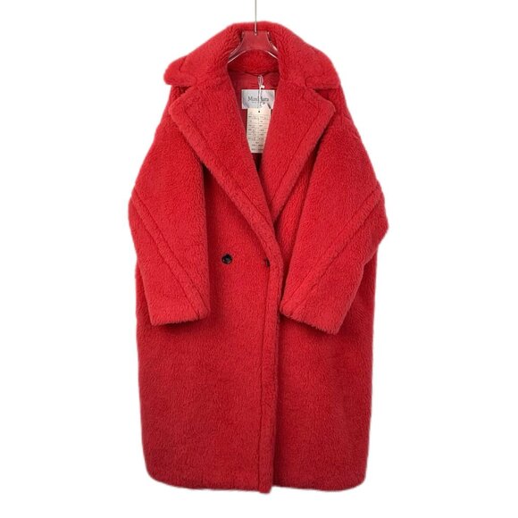 Max Mara Womens Red Teddy Coat Oversized Double-Breasted Wool Blend Outerwear - Picture 1 of 8